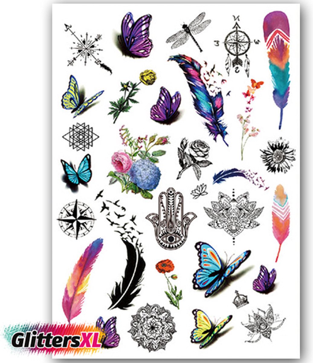 GlittersXL - Temporary Tattoo Vlinders/Veren/Natuur (A5 formaat) [Neptattoo - Tijdelijke tatoeage - Nep Fake Tattoos - Water overdraagbare festival sticker henna outfit tattoo - Glitter tattoo - Volwassenen Kinderen Jongen Meisje]